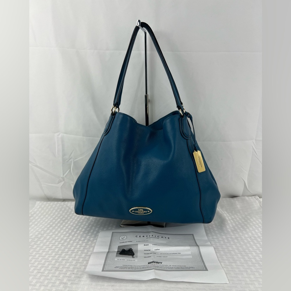 4011: Coach Edie Pebbled Leather Shoulder Hobo Bag Blue w/ Entrupy Certificate